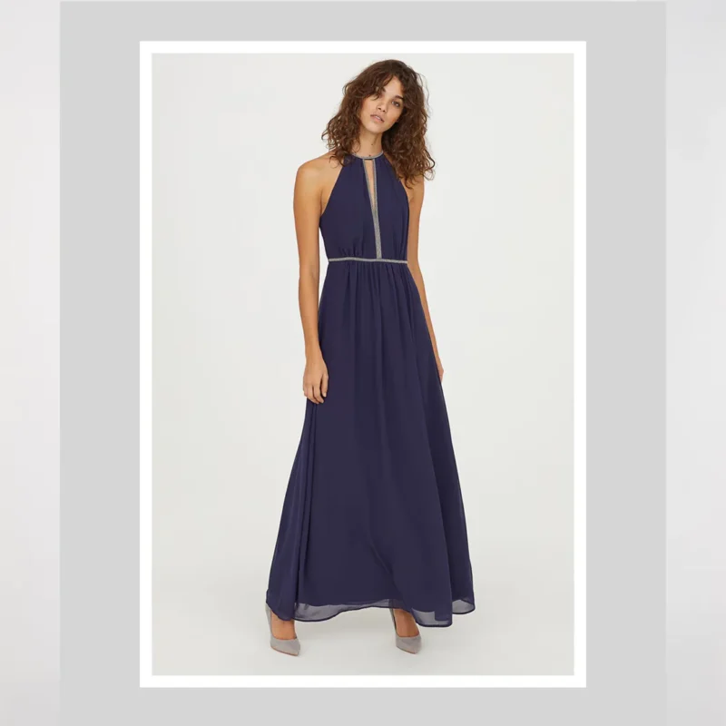 پبراهن مجلسی سنگدوزی سورمه ای بلند اچ اند ام