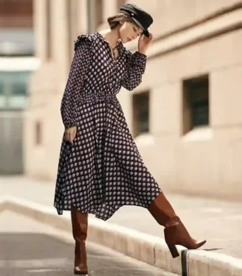 پیراهن گلدار آستین بلند قهوه ای اچ اند ام H&M