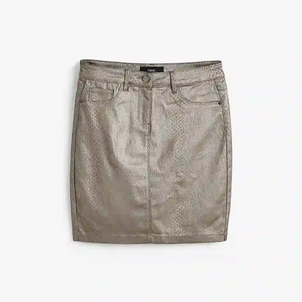 179-057-1 دامن کوتاه جین کشی طرح چرم پوست ماری نقره ای نکست NEXT