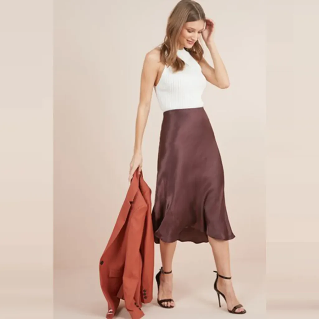 دامن بلند ساتن کمرکش قهوه ای براق نکست NEXT