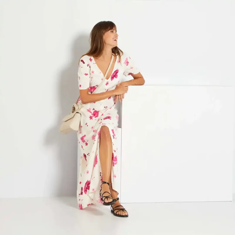 پیراهن ساحلی نخی بلند گلدار سفید کیابی KIABI