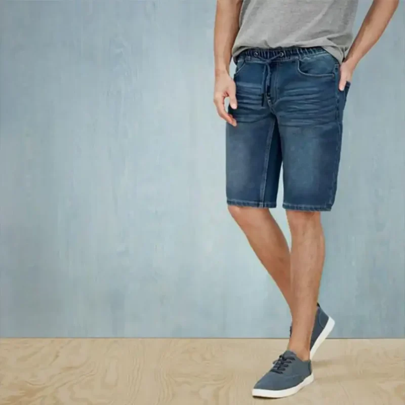 شلوارک مردانه جین کمرکش بندی آبی تیره لیورجی LIVERGY