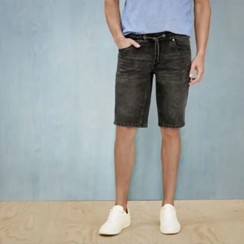 شلوارک مردانه جین کمرکش بندی زغالی لیورجی LIVERGY