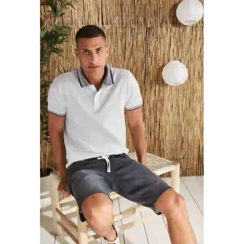 شلوارک مردانه جین کمرکشی بند سفید طوسی لیورجی LIVERGY